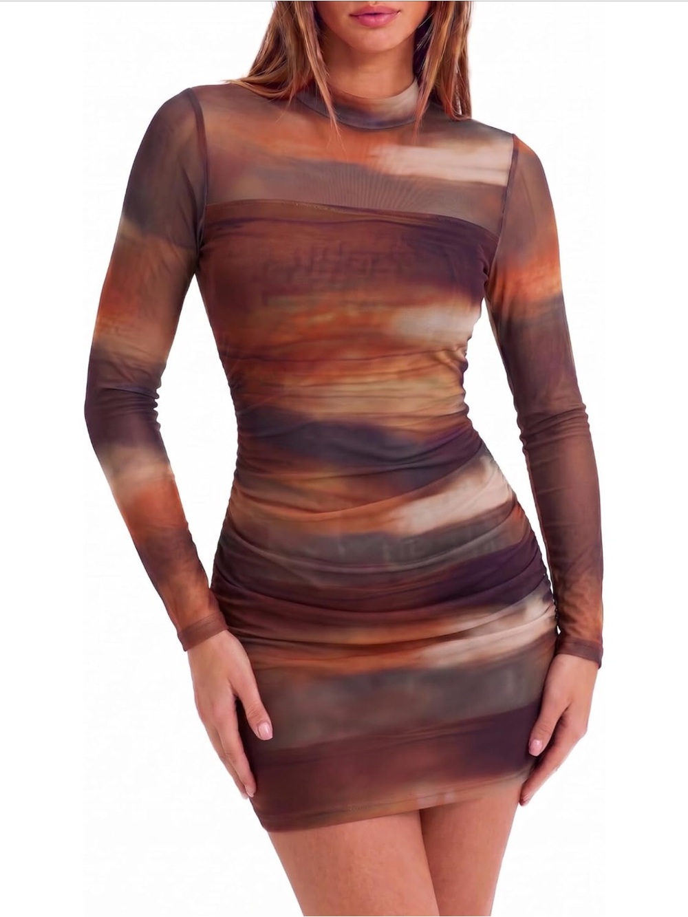 Long Sleeve Brown Tie-Dye Mesh Bodycon Dress